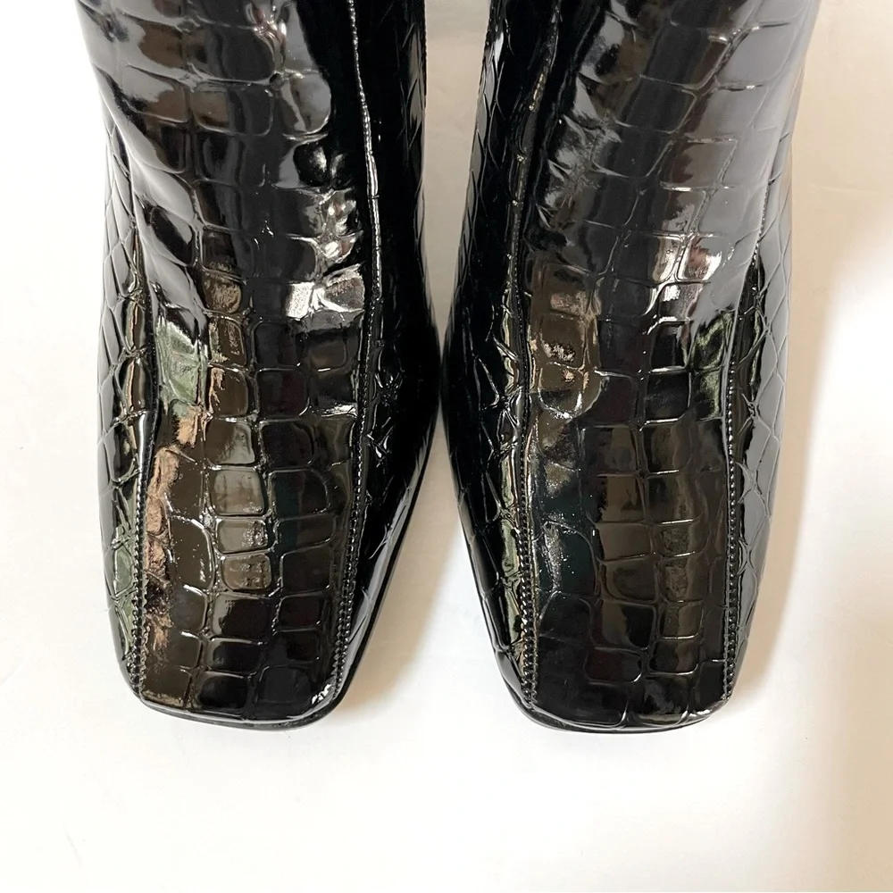 Nasty Gal Faux Leather Black Patent Croc Flared Heeled Ankle Boots Size 8